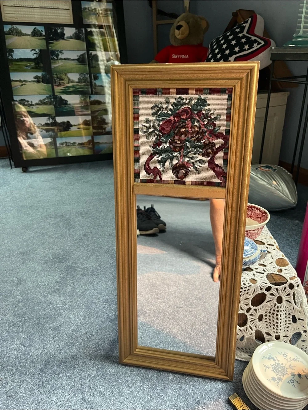 Gold Framed Wall Mirror with Floral Needlepoint Tapestry Accent
